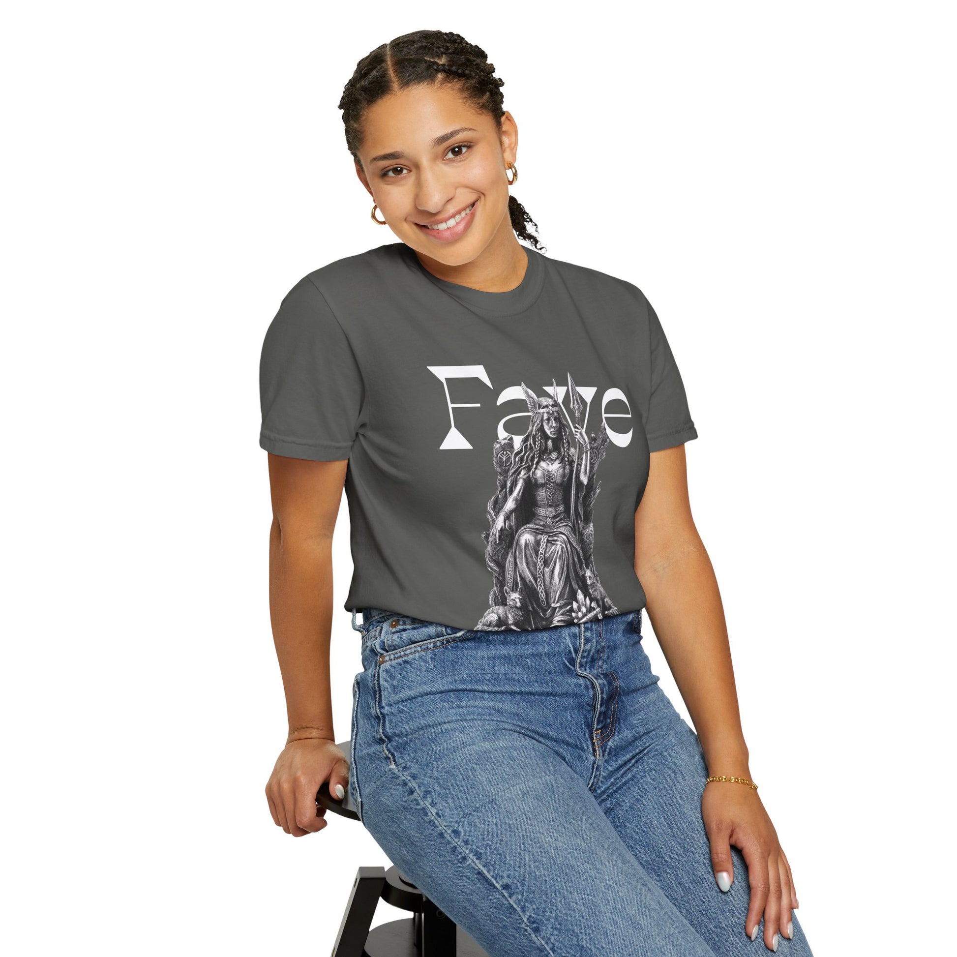 Freyja graphic tee folded flat revealing fabric texture and stitching
