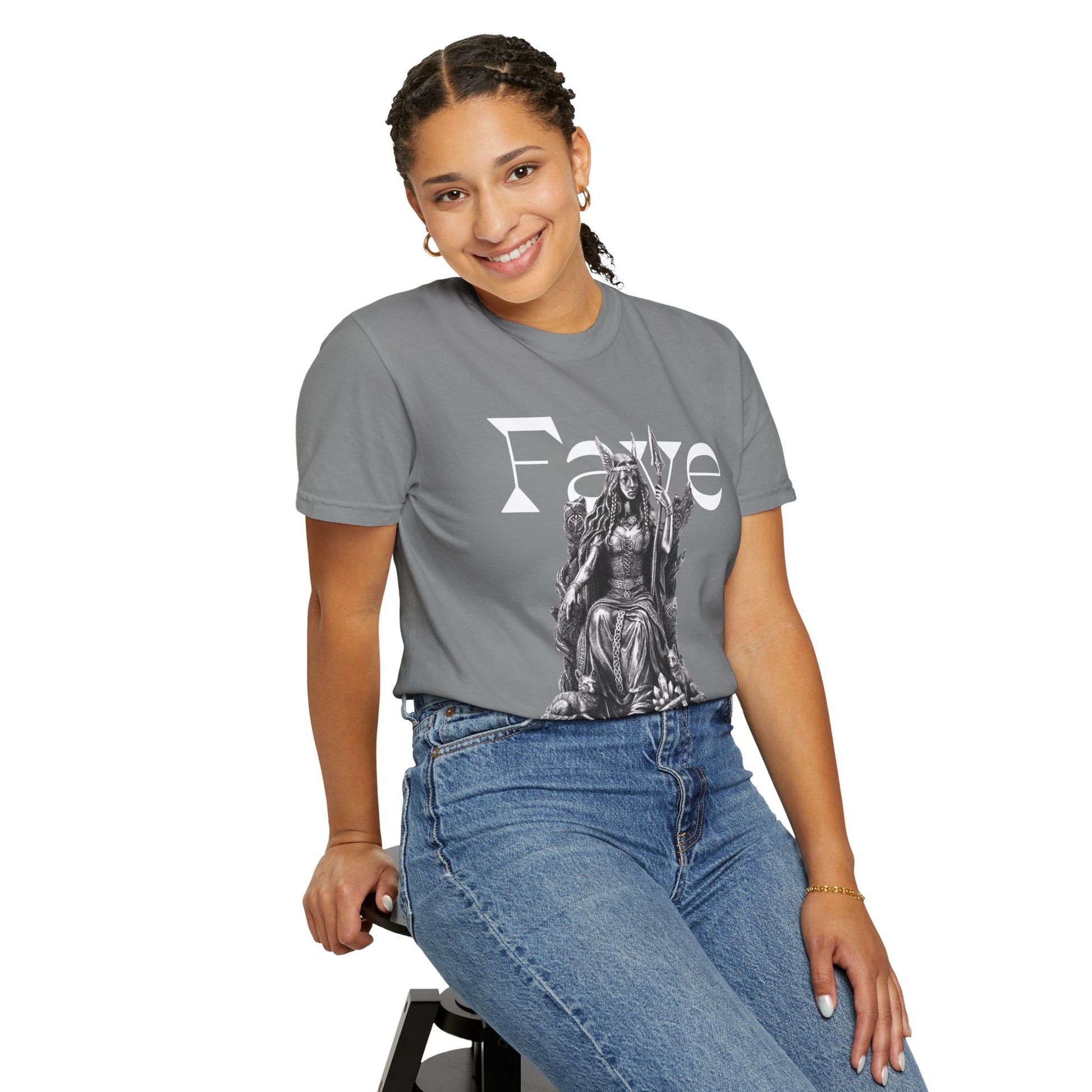 Freyja graphic tee paired with denim for an everyday Viking look
