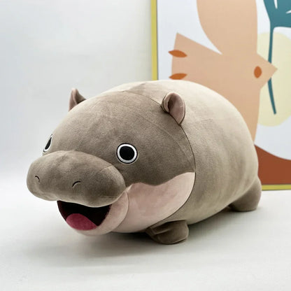 Front-facing view of Moo Deng stuffed animal with wide-set eyes and open mouth expression, 24cm height
