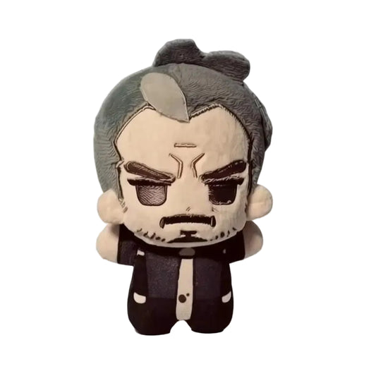 Front-facing view of the handmade tyrell plush detective collectible.