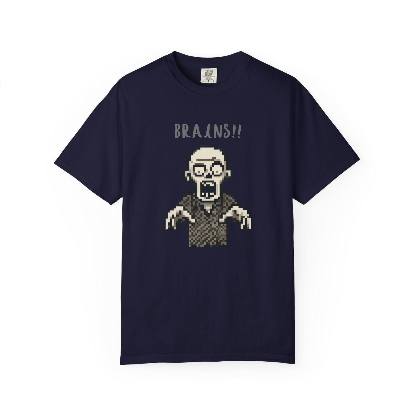 Front detail of 8-bit horror zombie shirt on model.