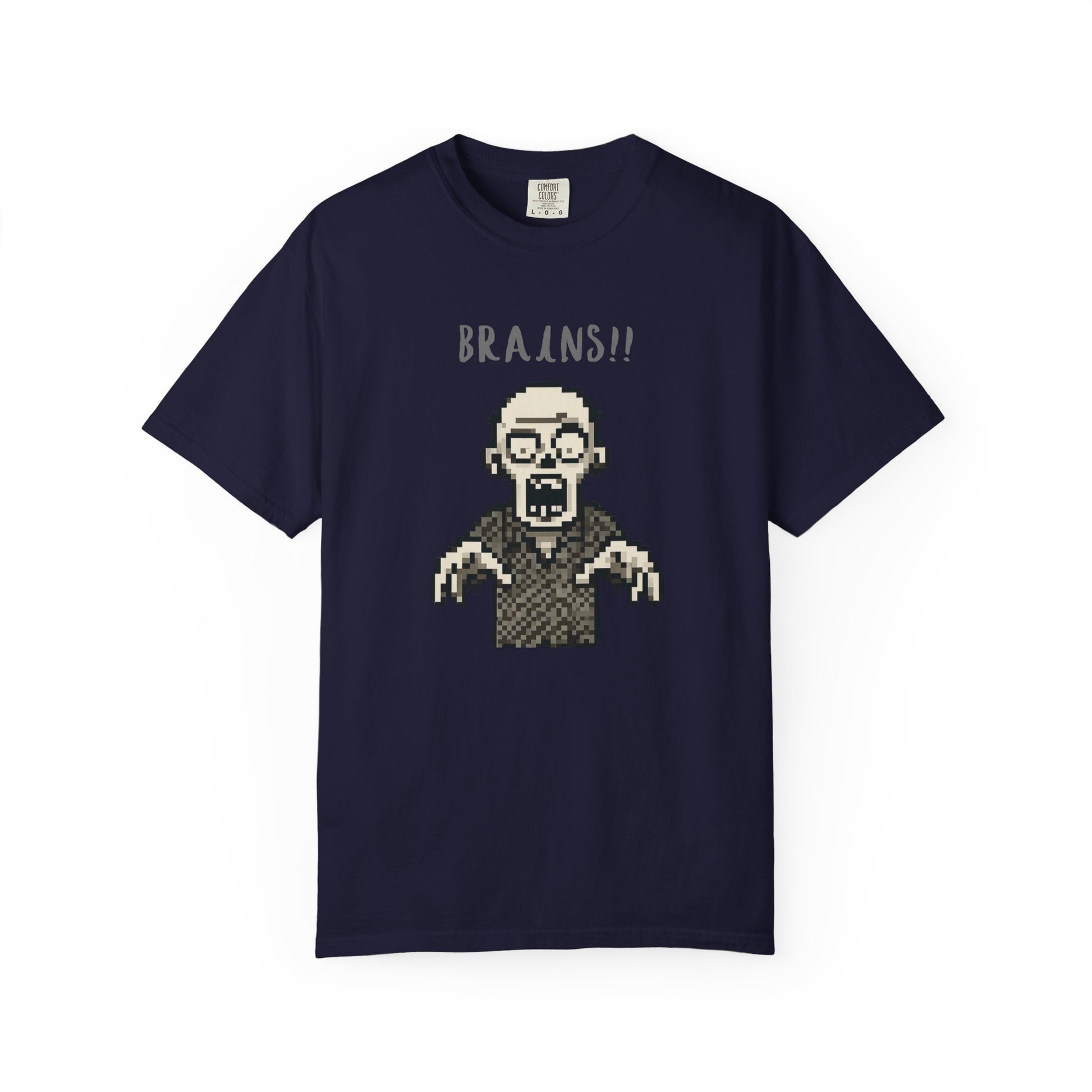 Front detail of 8-bit horror zombie shirt on model.