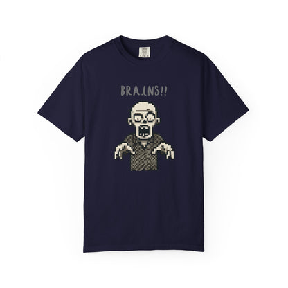 Front detail of 8-bit horror zombie shirt on model.