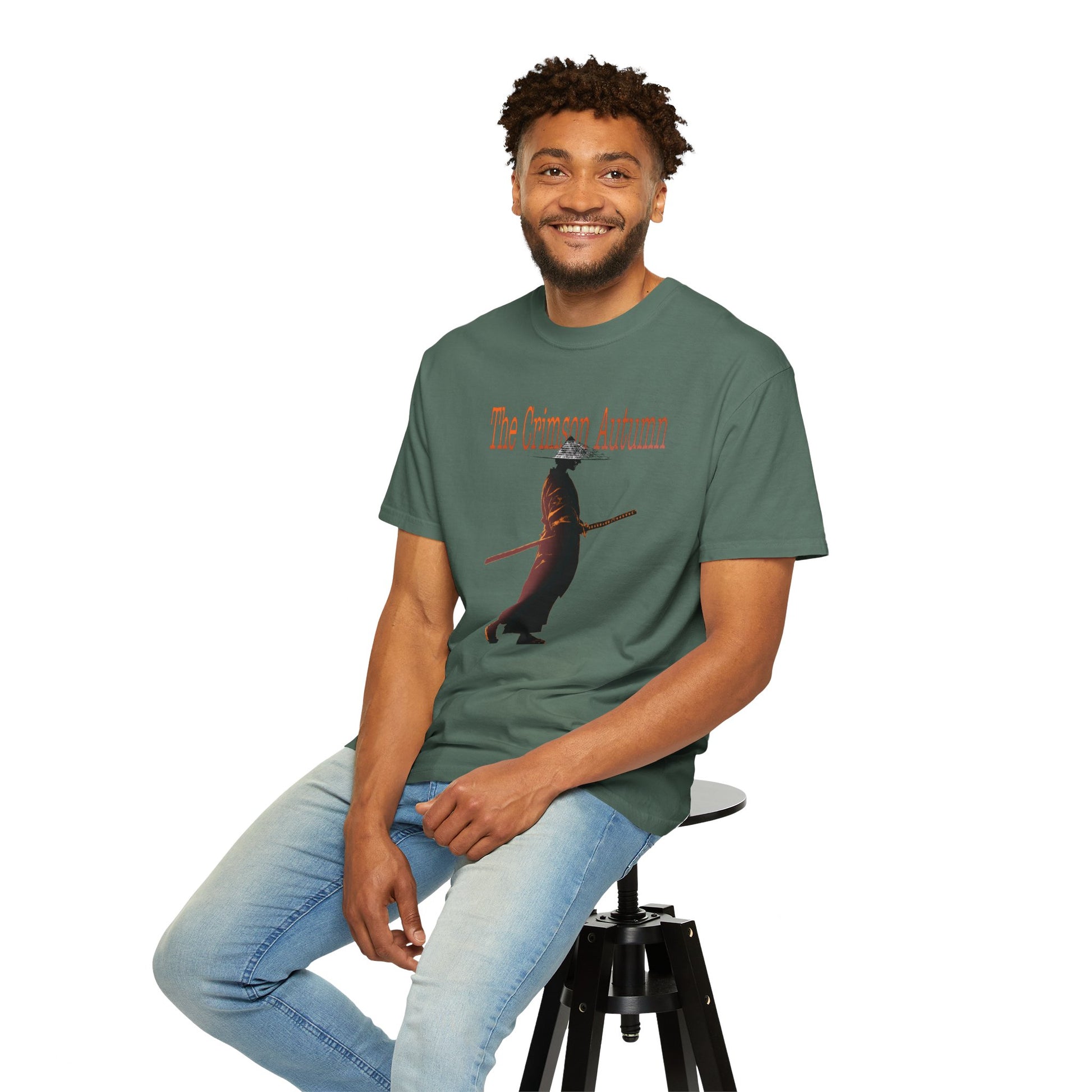 Front view of Crimson Autumn Samurai Tee showing full samurai graphic print in burnt orange deep crimson and sepia tones on soft garment dyed cotton