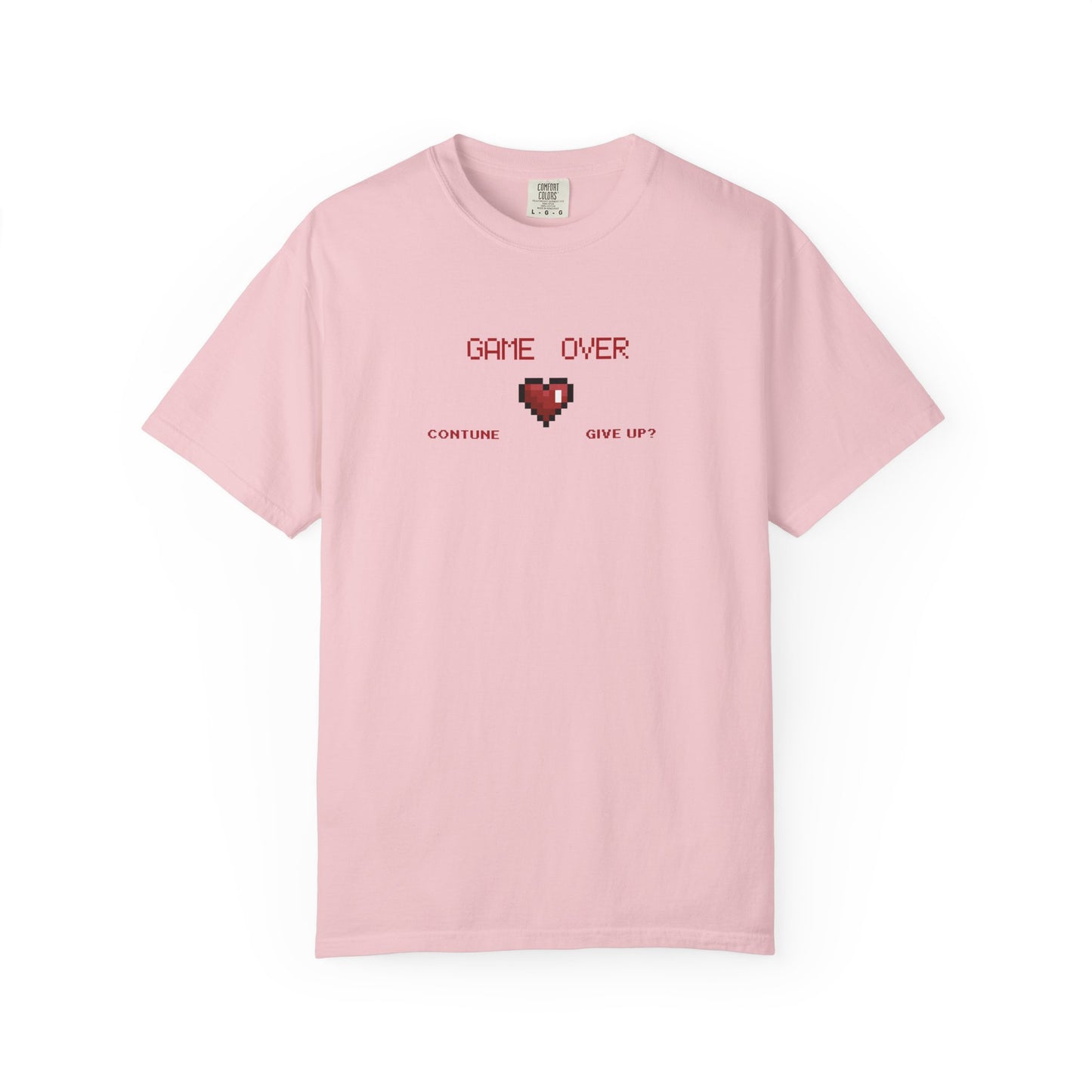 Front view of Game Over pixel heart tee showing retro GAME OVER chest graphic on garment dyed cotton
