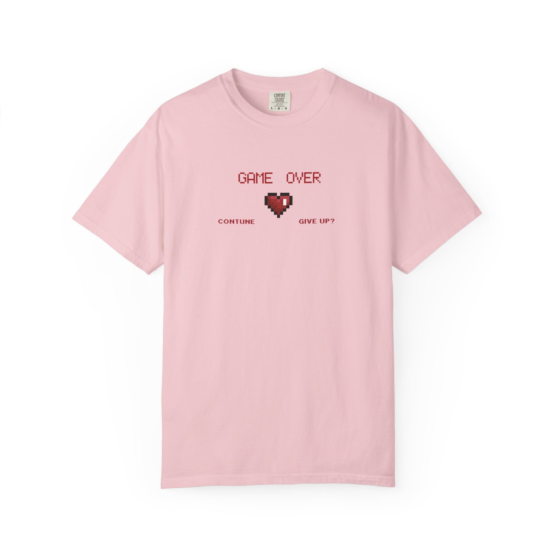 Front view of Game Over pixel heart tee showing retro GAME OVER chest graphic on garment dyed cotton
