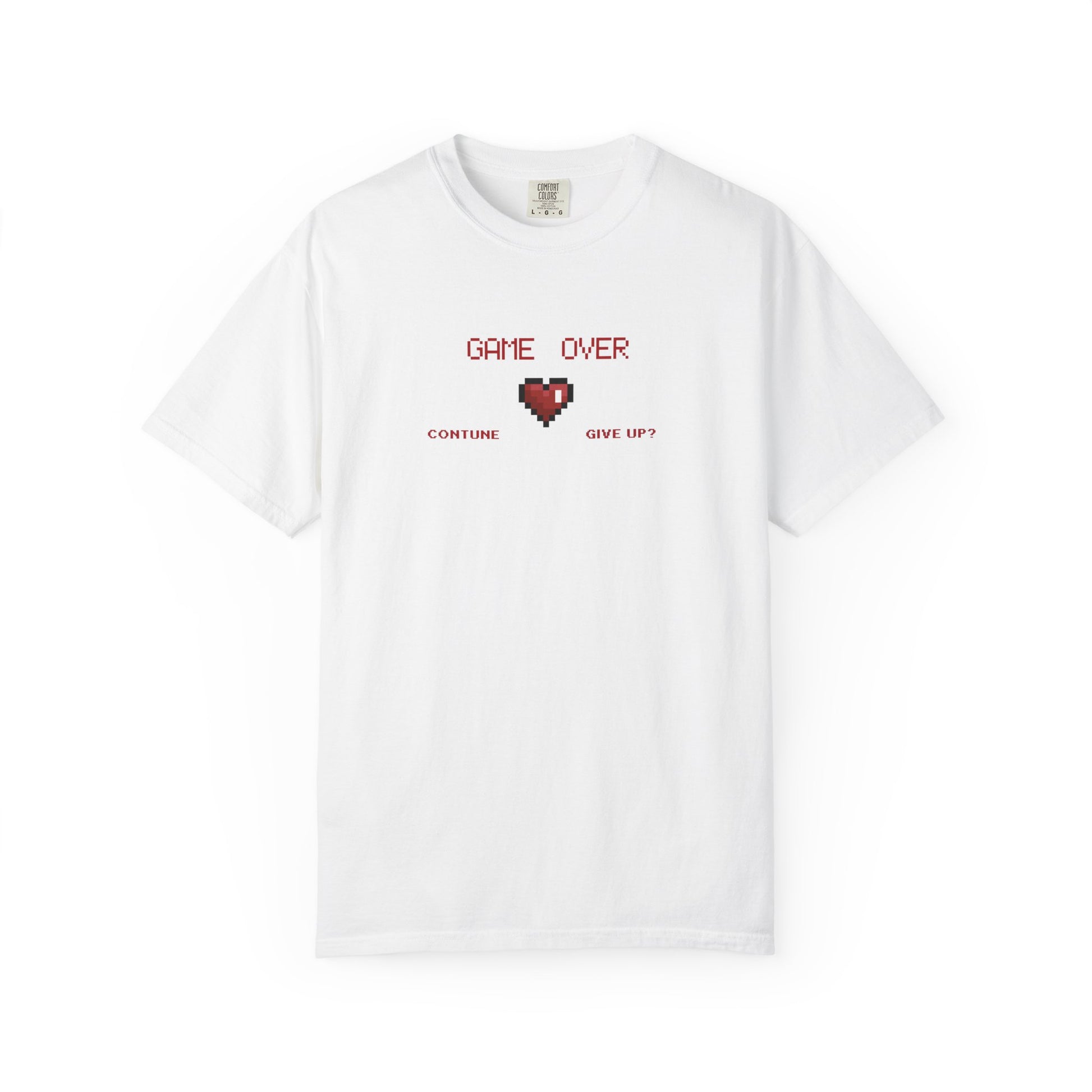Front view of Game Over pixel heart tee showing retro chest graphic on soft garment dyed Comfort Colors 1717 blank
