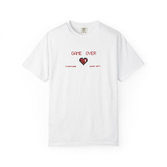 Front view of Game Over pixel heart tee showing retro chest graphic on soft garment dyed Comfort Colors 1717 blank

