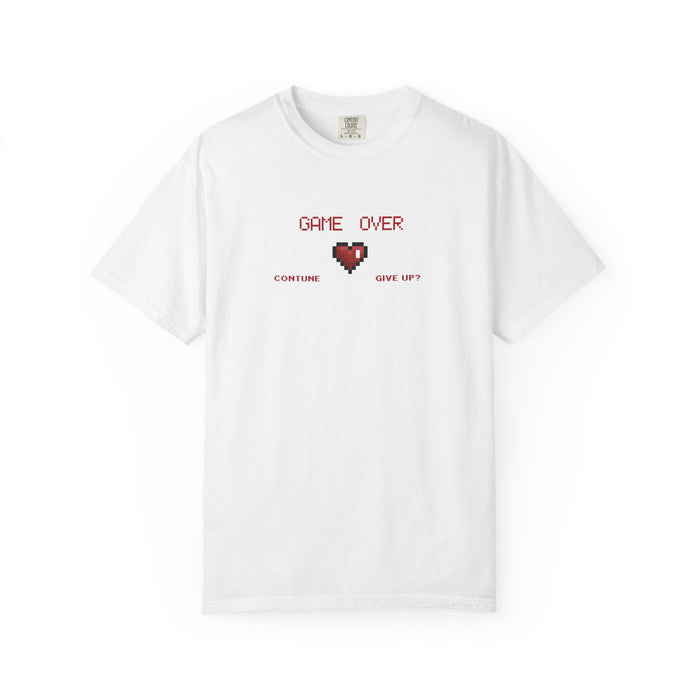 Front view of Game Over pixel heart tee showing retro chest graphic on soft garment dyed Comfort Colors 1717 blank
