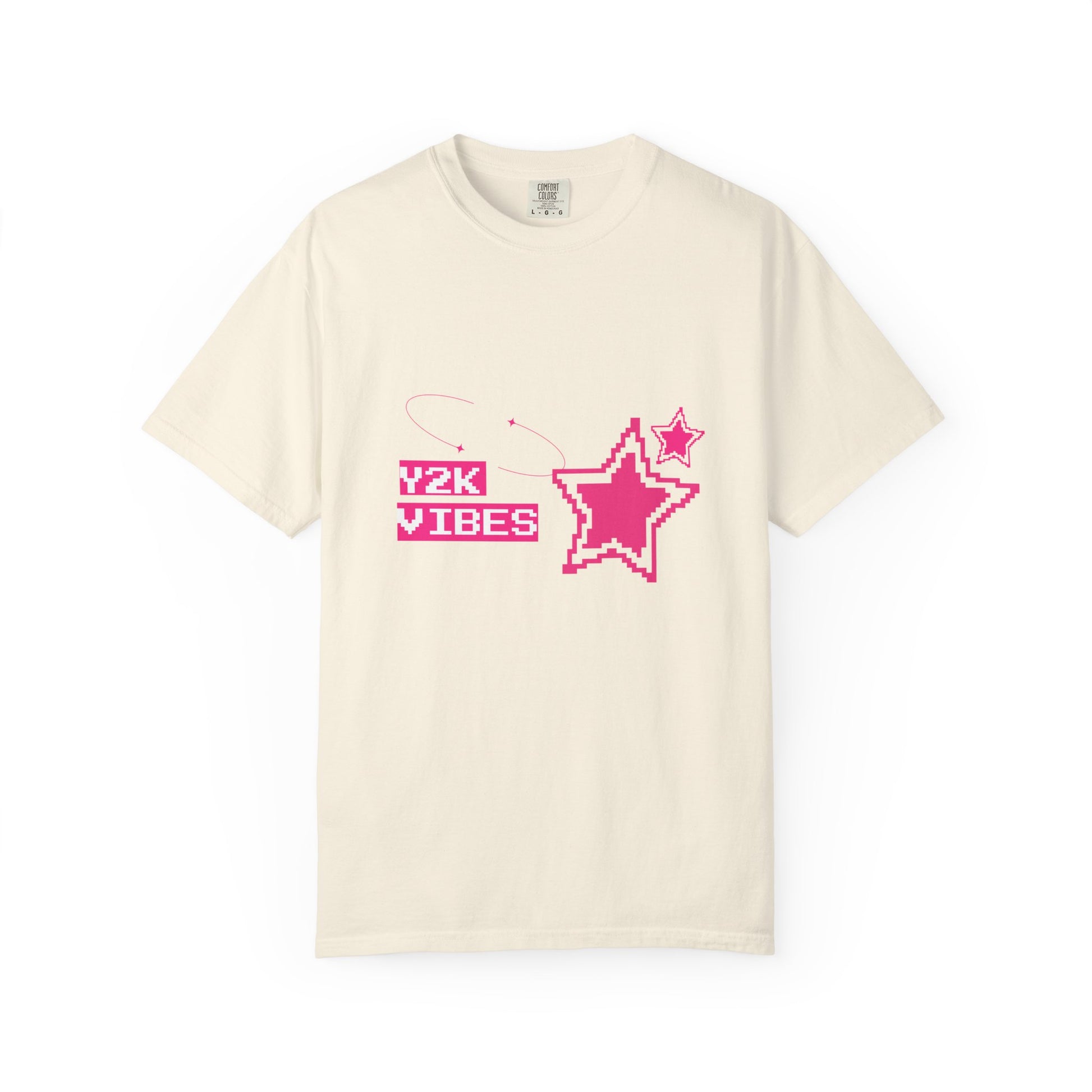 Front view of Y2K retro graphic tee featuring 8-bit pixelated stars and sparkle trails in hot pink