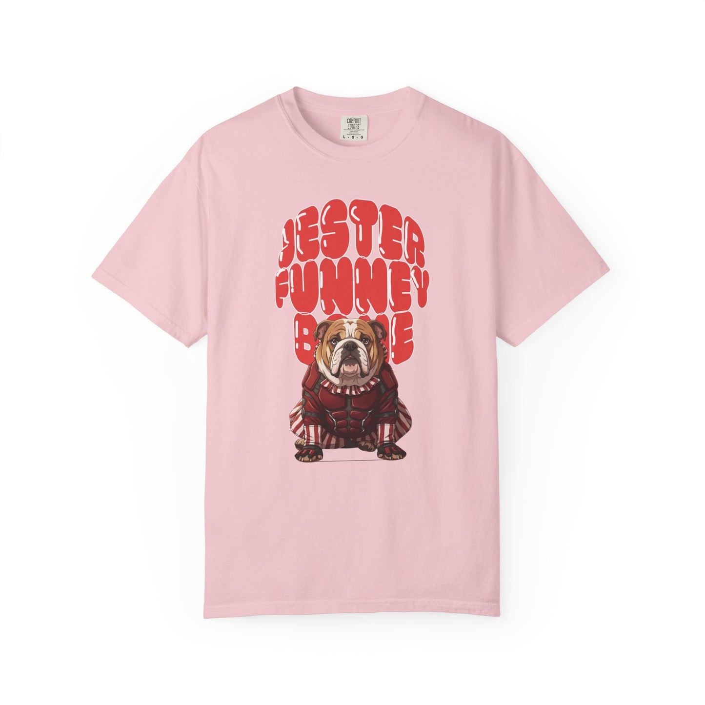 Front view of a graphic tee showing a cartoon bulldog as a mischievous jester.