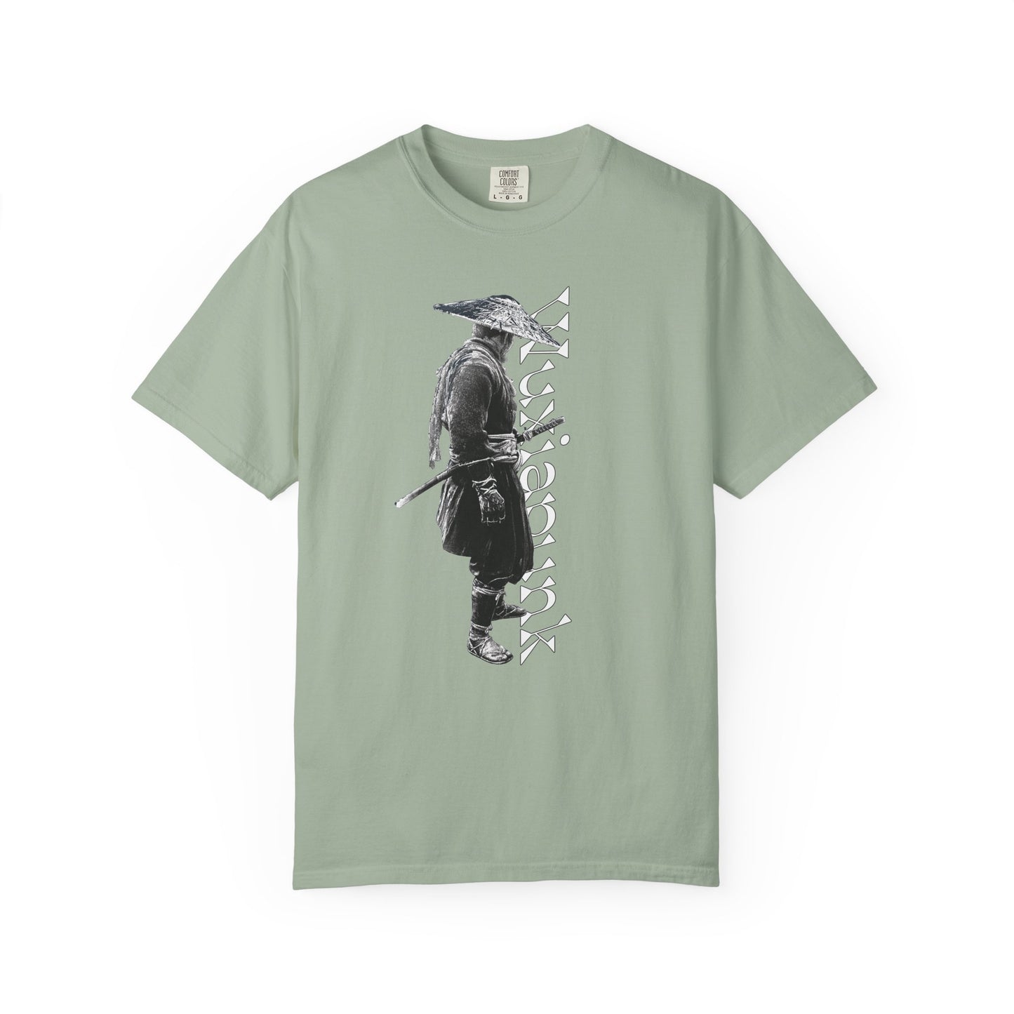 Front view of a samurai graphic tee in a rich faded dye shade
