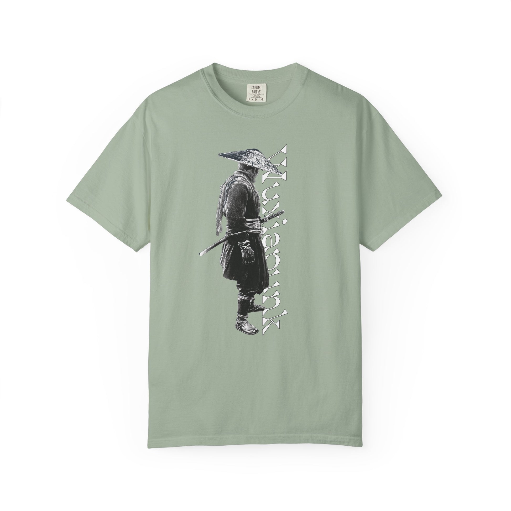Front view of a samurai graphic tee in a rich faded dye shade

