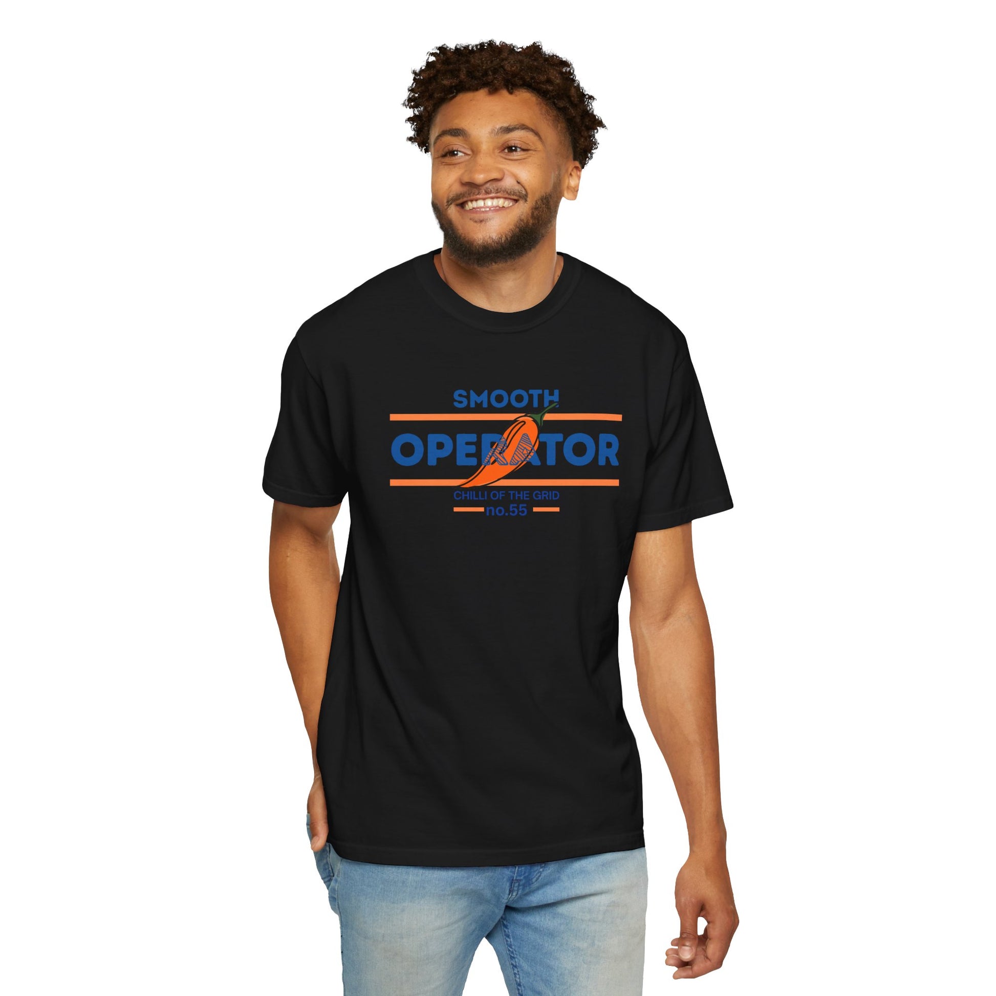 Front view of a t-shirt printed with a smooth chili pepper design and racing tagline
