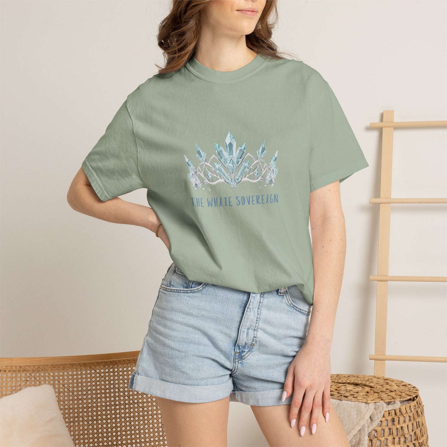 Front view of a white Comfort Colors shirt with a blue seaweed crown design.