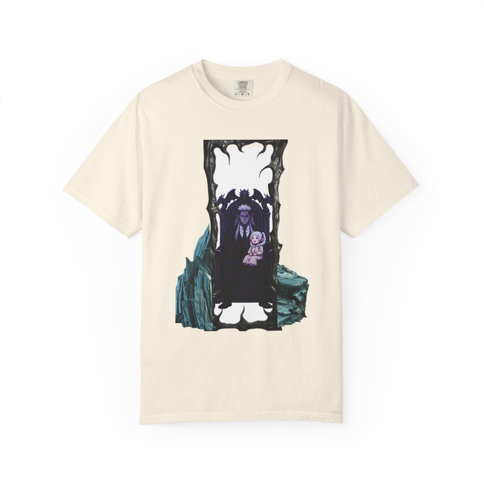 Front view of dark portal tee with gothic vampire illustration printed center front on heavyweight relaxed fit shirt
