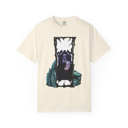 Front view of dark portal tee with gothic vampire illustration printed center front on heavyweight relaxed fit shirt
