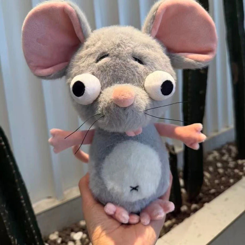 Front view of funny mouse plush toy with bulging eyes and wide open mouth surprised expression