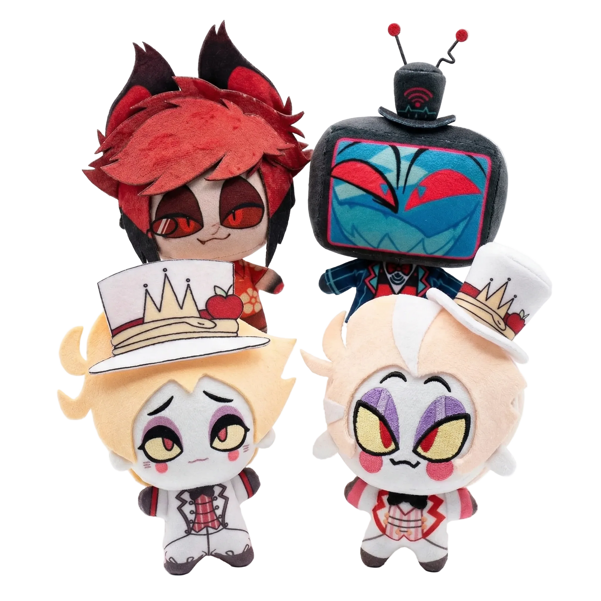 Front view of hazbin hotel vox plush showing his detailed TV head design.