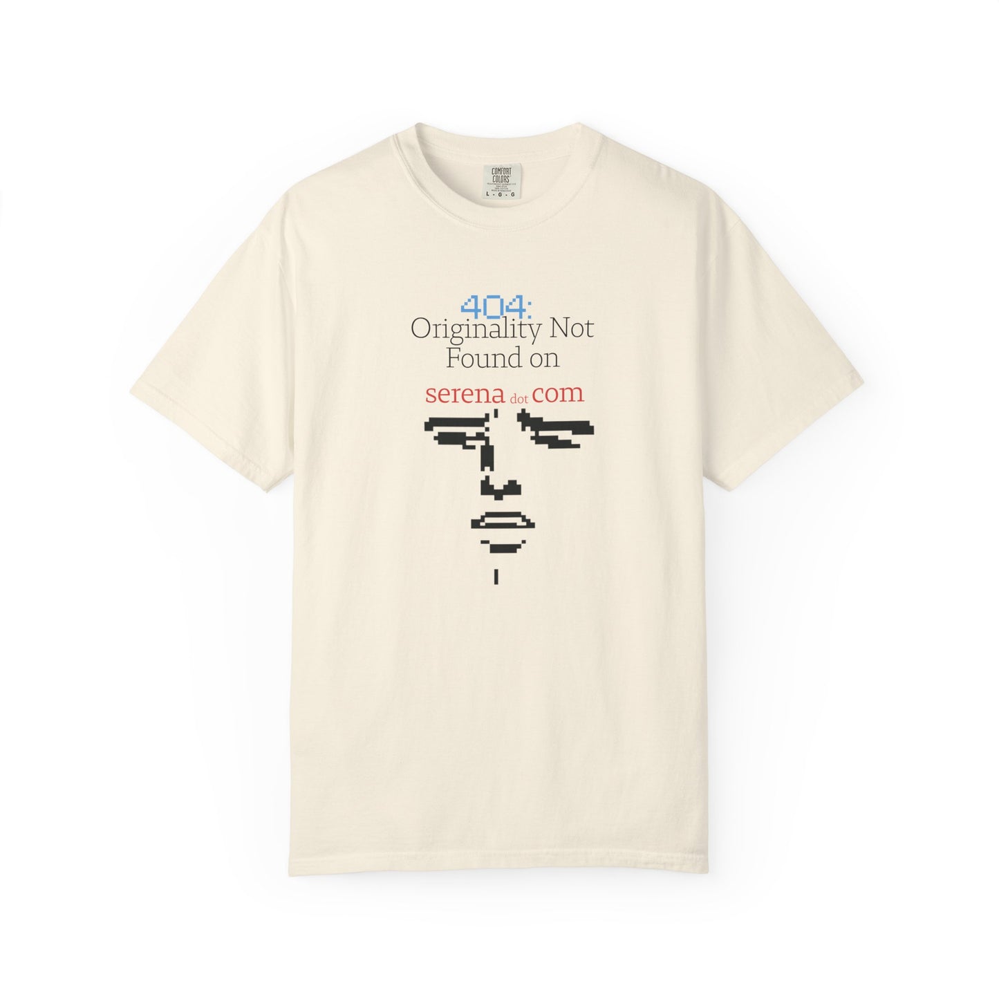 Front view of originality not found printed unisex tee showing retro chunky pixel face design
