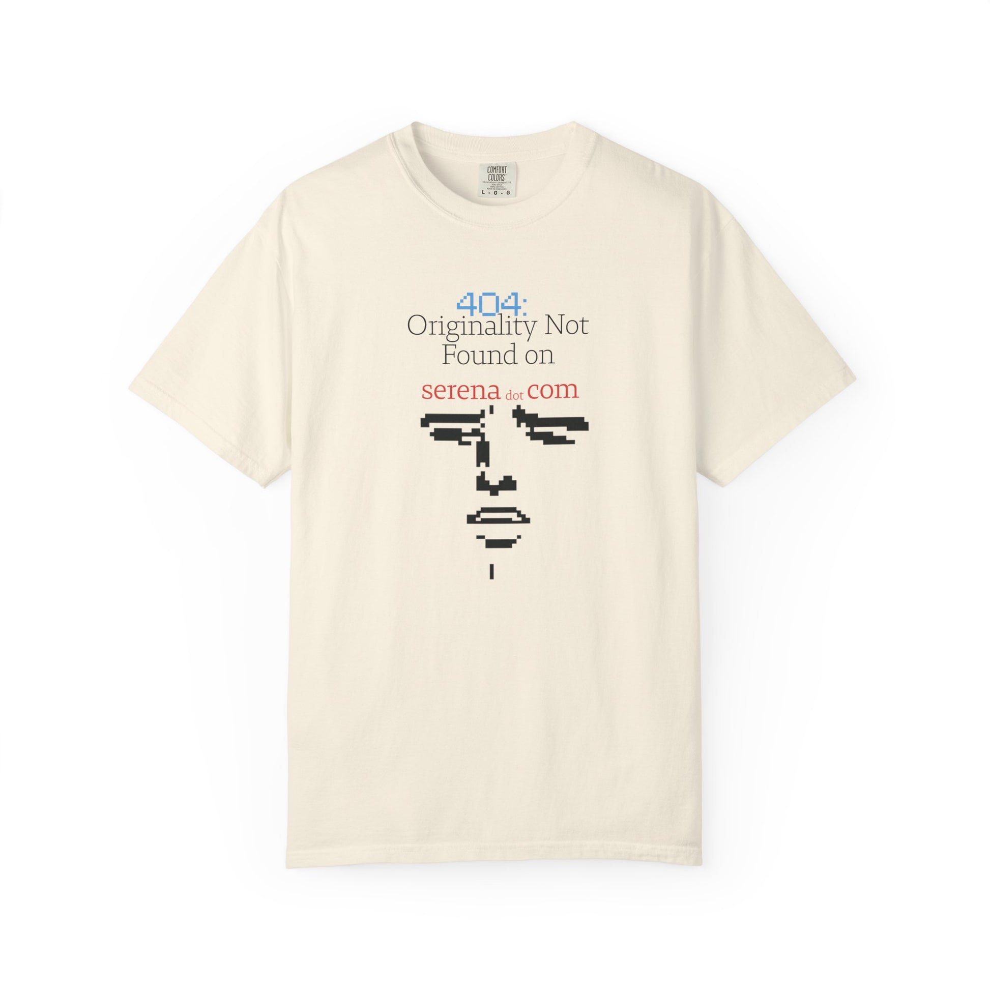 Front view of originality not found printed unisex tee showing retro chunky pixel face design
