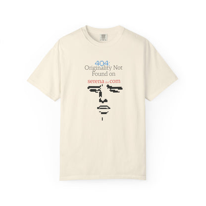 Front view of originality not found printed unisex tee showing retro chunky pixel face design
