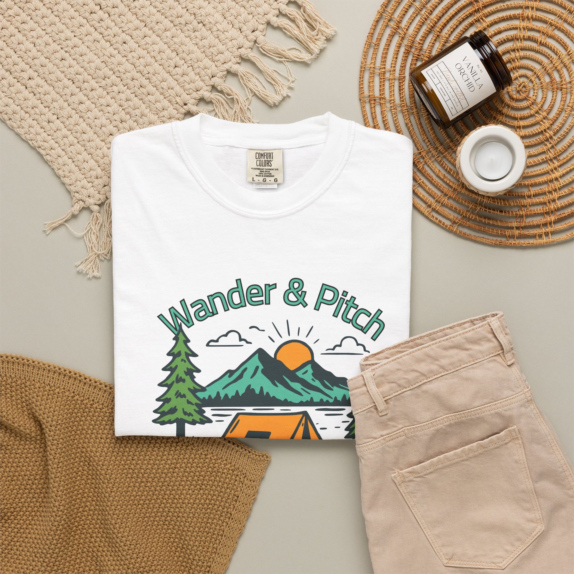 Front view of the Comfort Colors camping shirt with sunrise illustration
