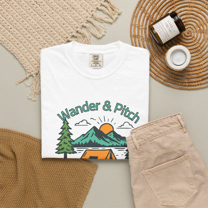 Front view of the Comfort Colors camping shirt with sunrise illustration