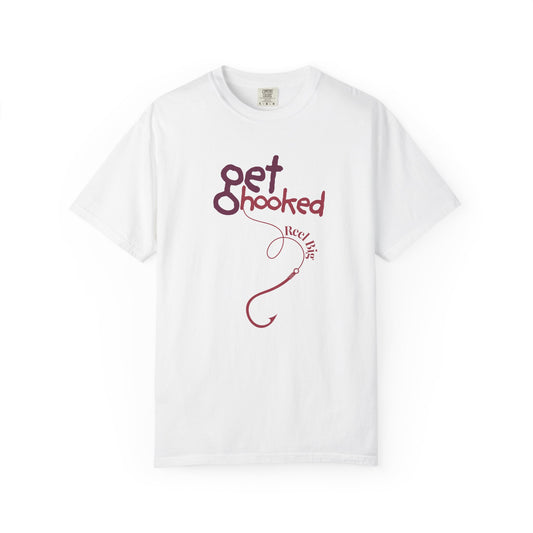 Front view of the garment-dyed get hooked unisex tee on a pure white background.