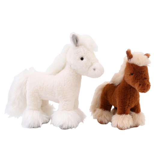 Front view of the handmade 30cm brown and white pony horse plush toy highlighting its exceptional craftsmanship