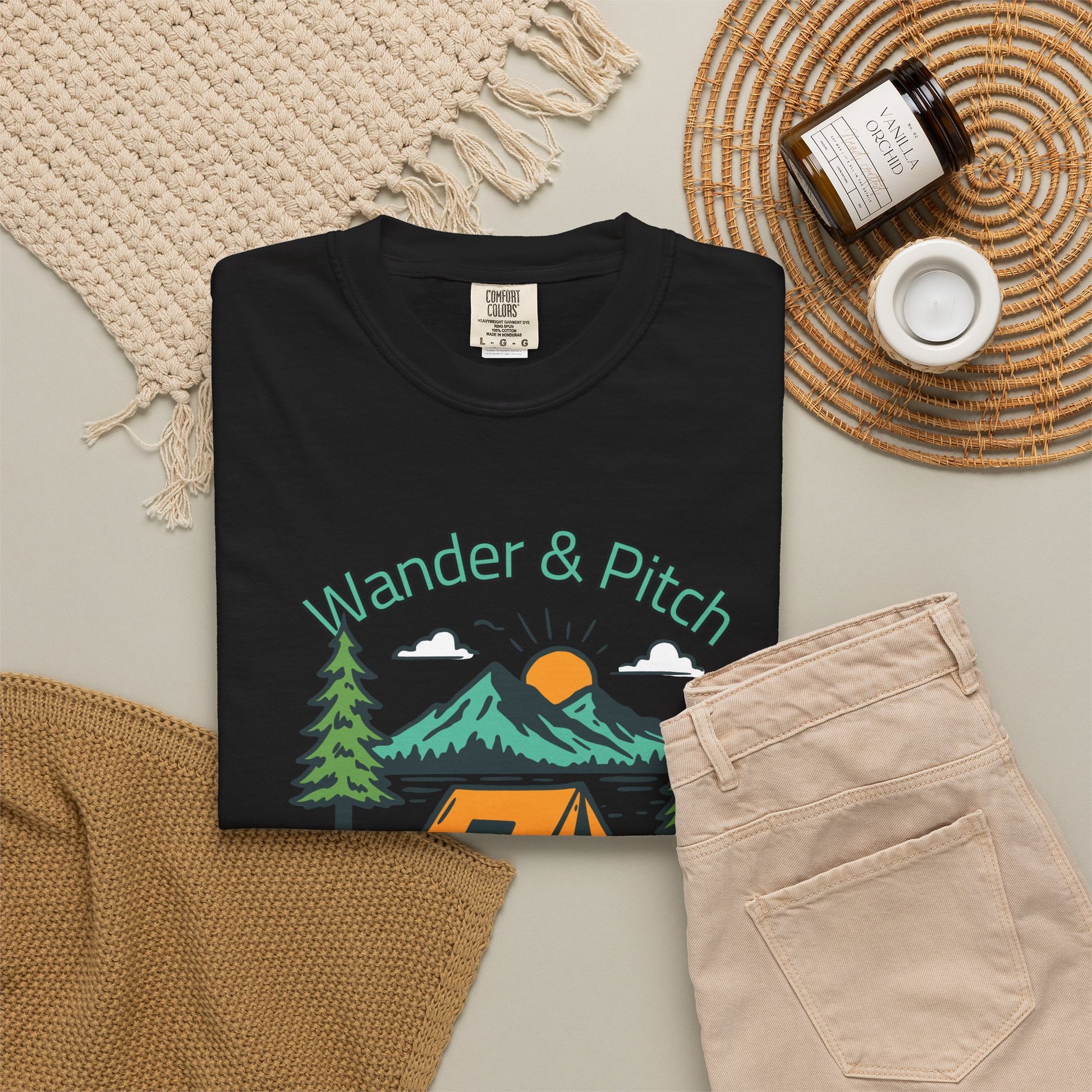 Front view of the outdoor adventure graphic tee displayed on a clean seamless backdrop