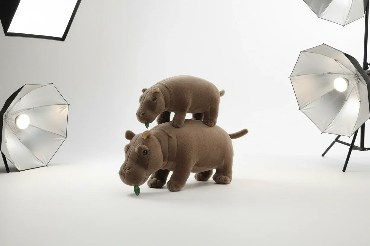 Front view of the soft plush moo deng sitting on a bed