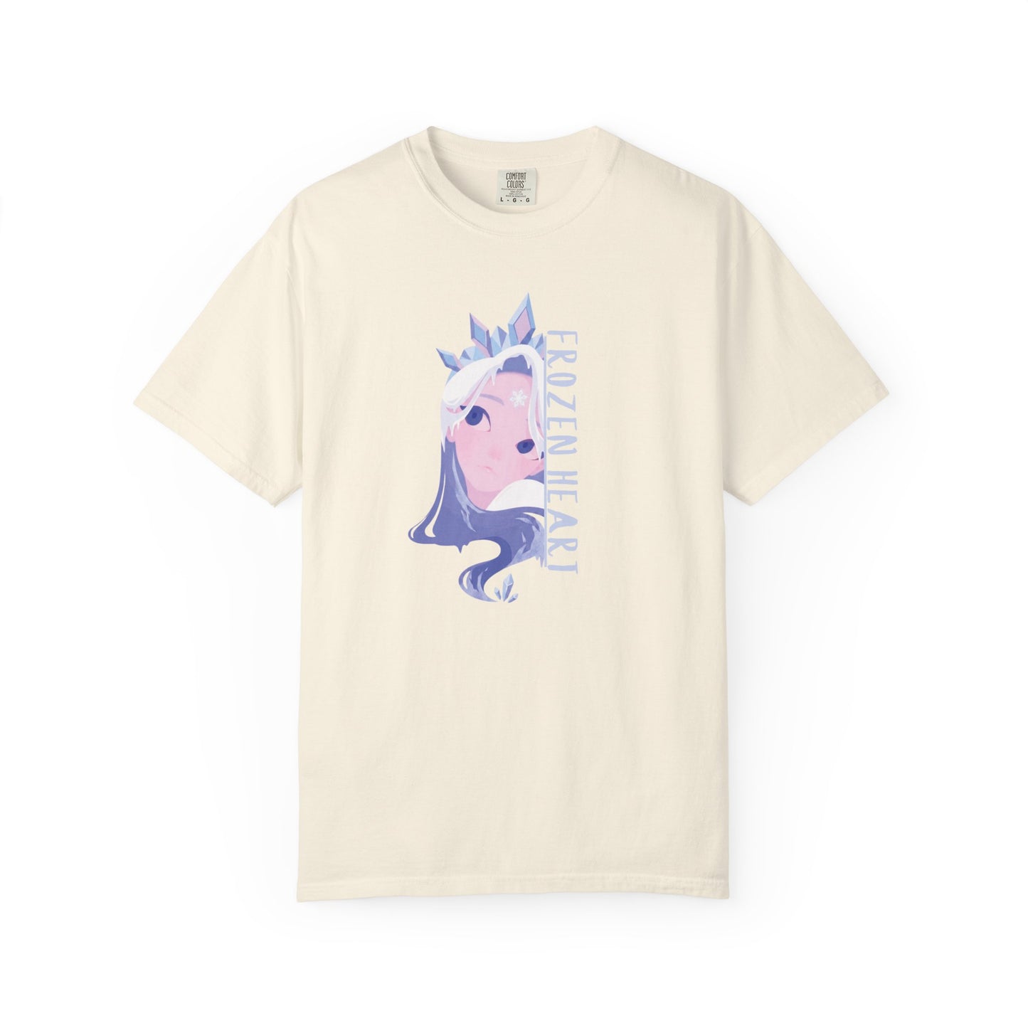 Front view of winter majesty unisex tees with frozen heart vertical typography on garment dyed fabric
