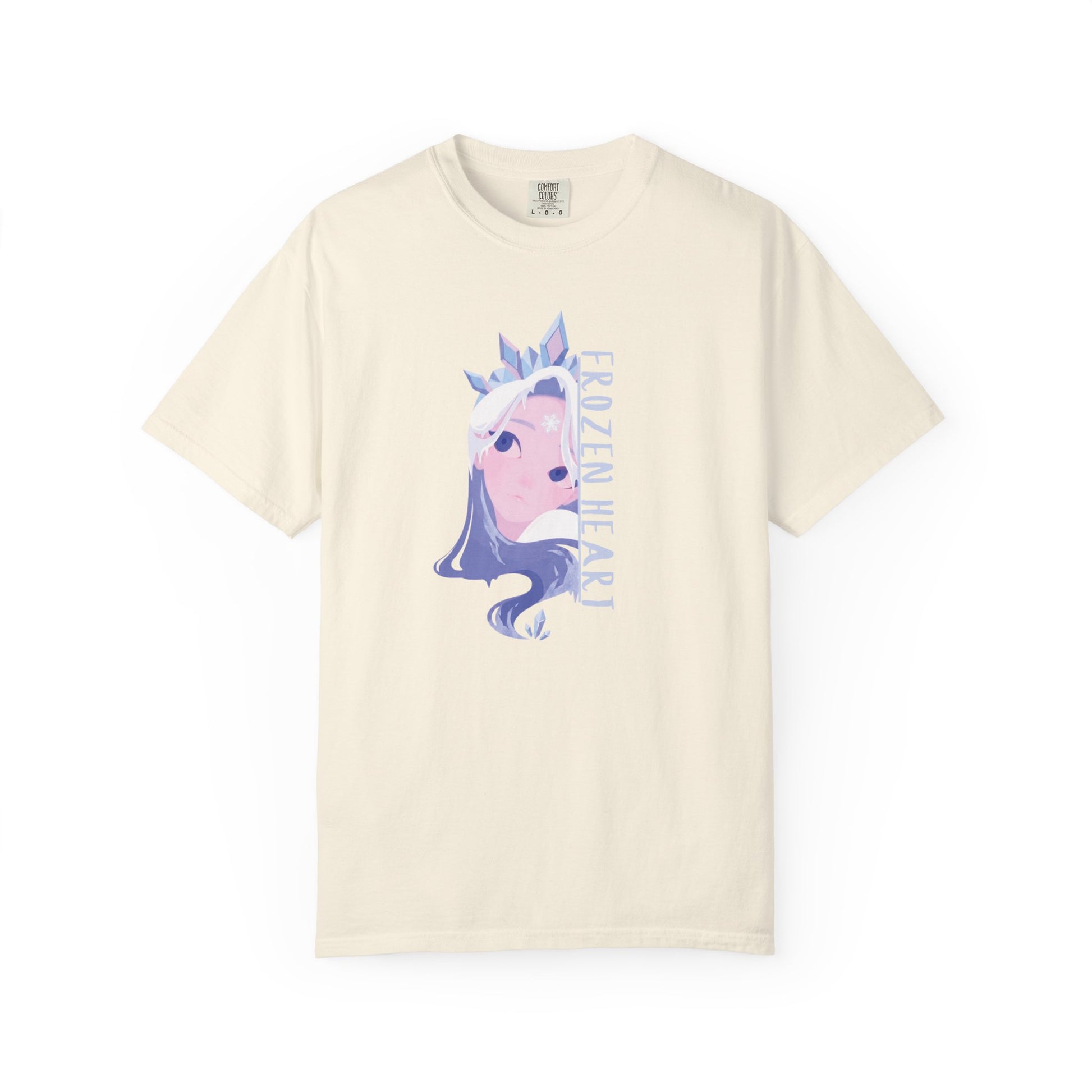 Front view of winter majesty unisex tees with frozen heart vertical typography on garment dyed fabric
