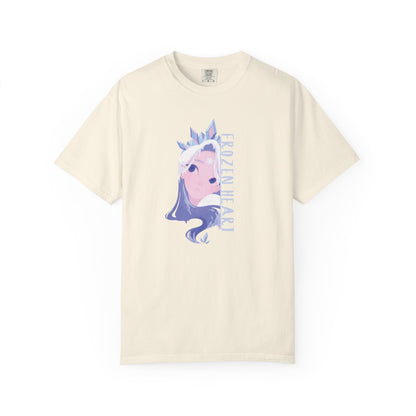 Front view of winter majesty unisex tees with frozen heart vertical typography on garment dyed fabric
