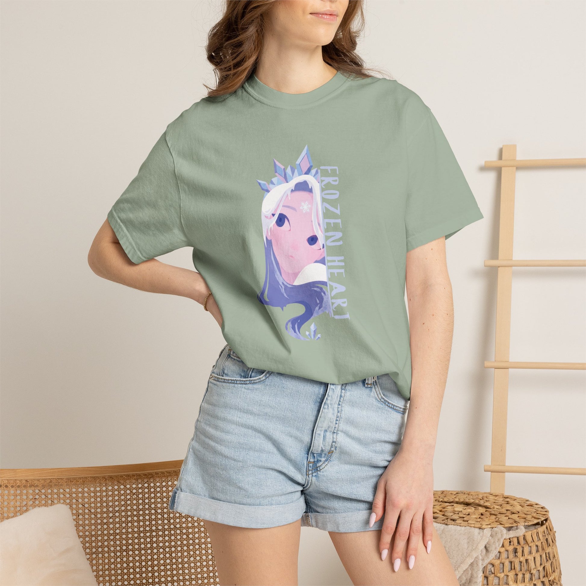 Frozen heart graphic shirt displayed on hanger showing full front print and relaxed drape
