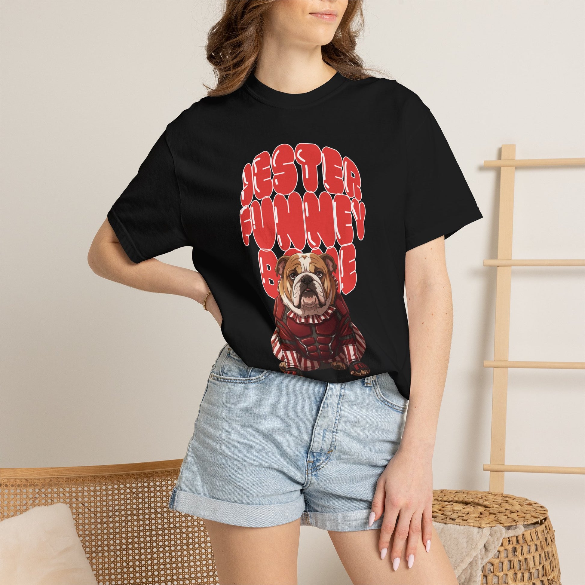 Funny Bone character bulldog graphic tee.