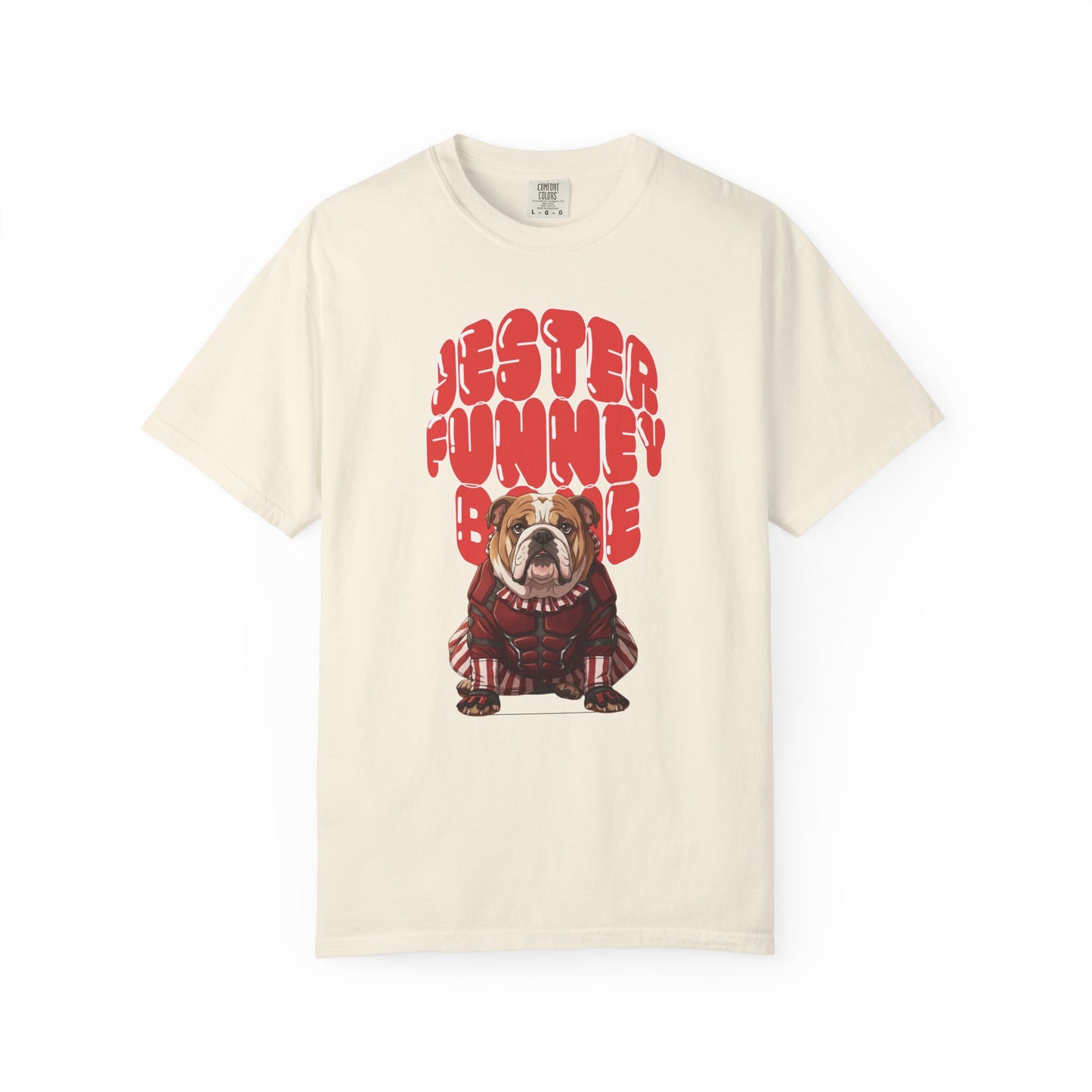 Funny Bone retro dog tee featuring a bulldog in a jester outfit.