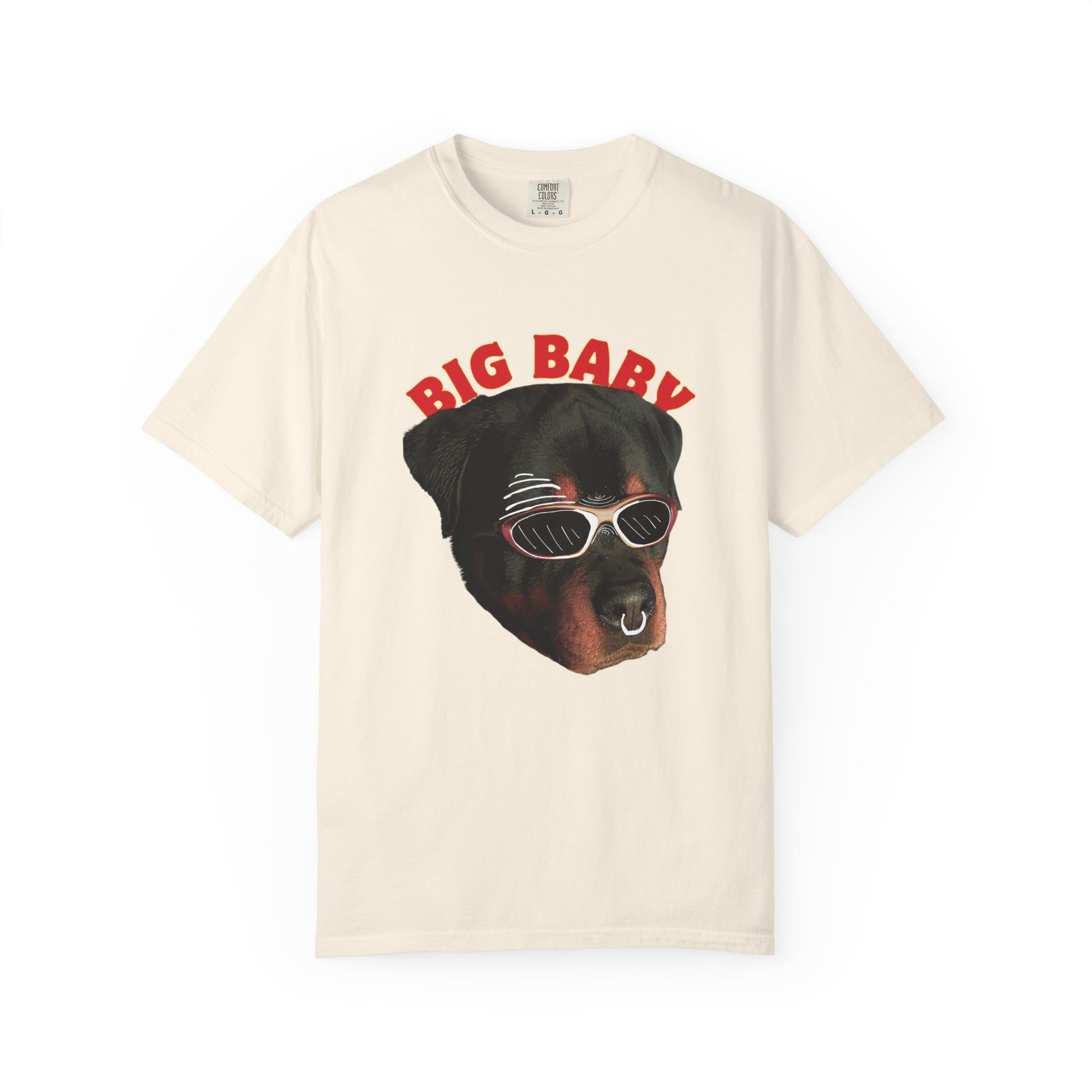 Funny Rottweiler graphic tee with red arched Big Baby text on black shirt