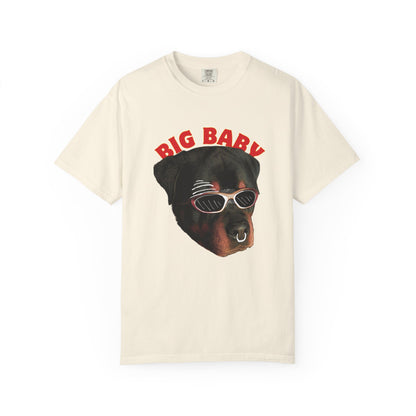 Funny Rottweiler graphic tee with red arched Big Baby text on black shirt
