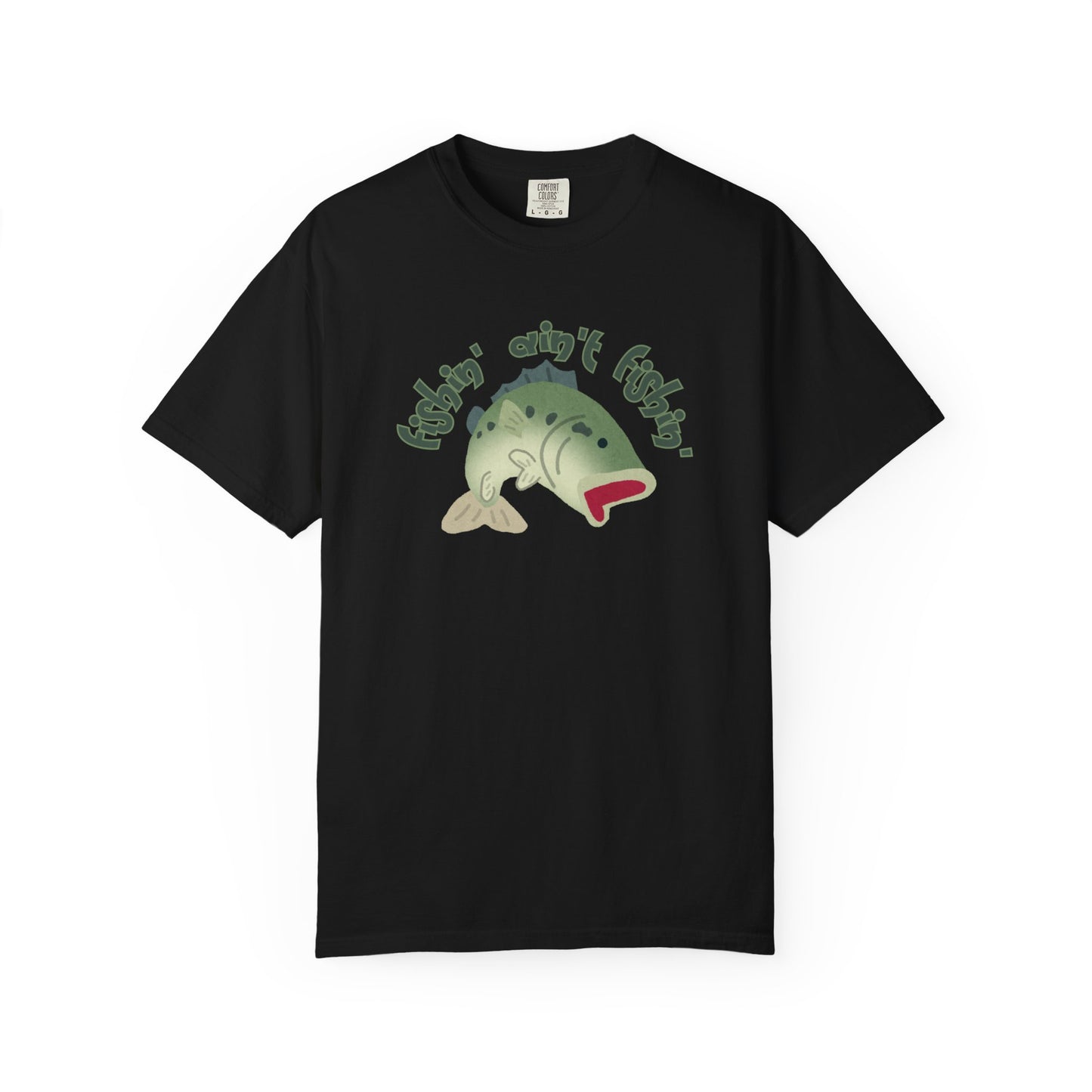 Funny angler shirt worn outdoors near lake at sunrise