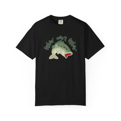 Funny angler shirt worn outdoors near lake at sunrise