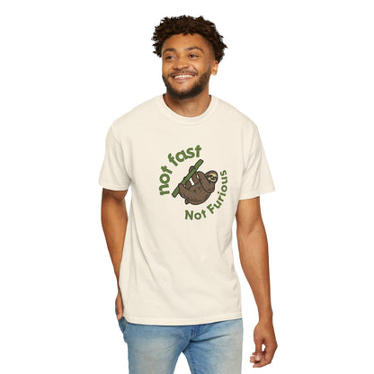 Funny animal t-shirt close-up of Not Fur'rious sloth pun print