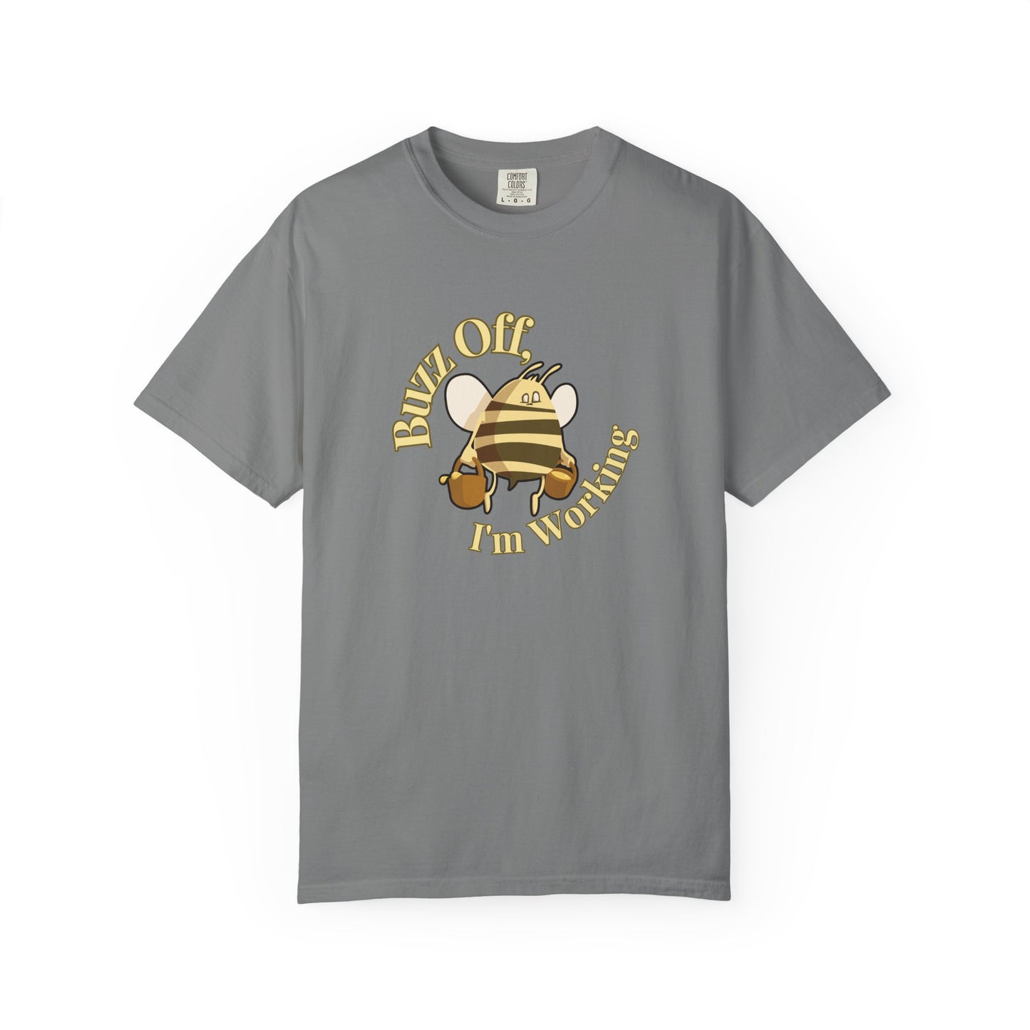 Funny bee pun t-shirt folded showing double-needle stitching detail and sewn-in label