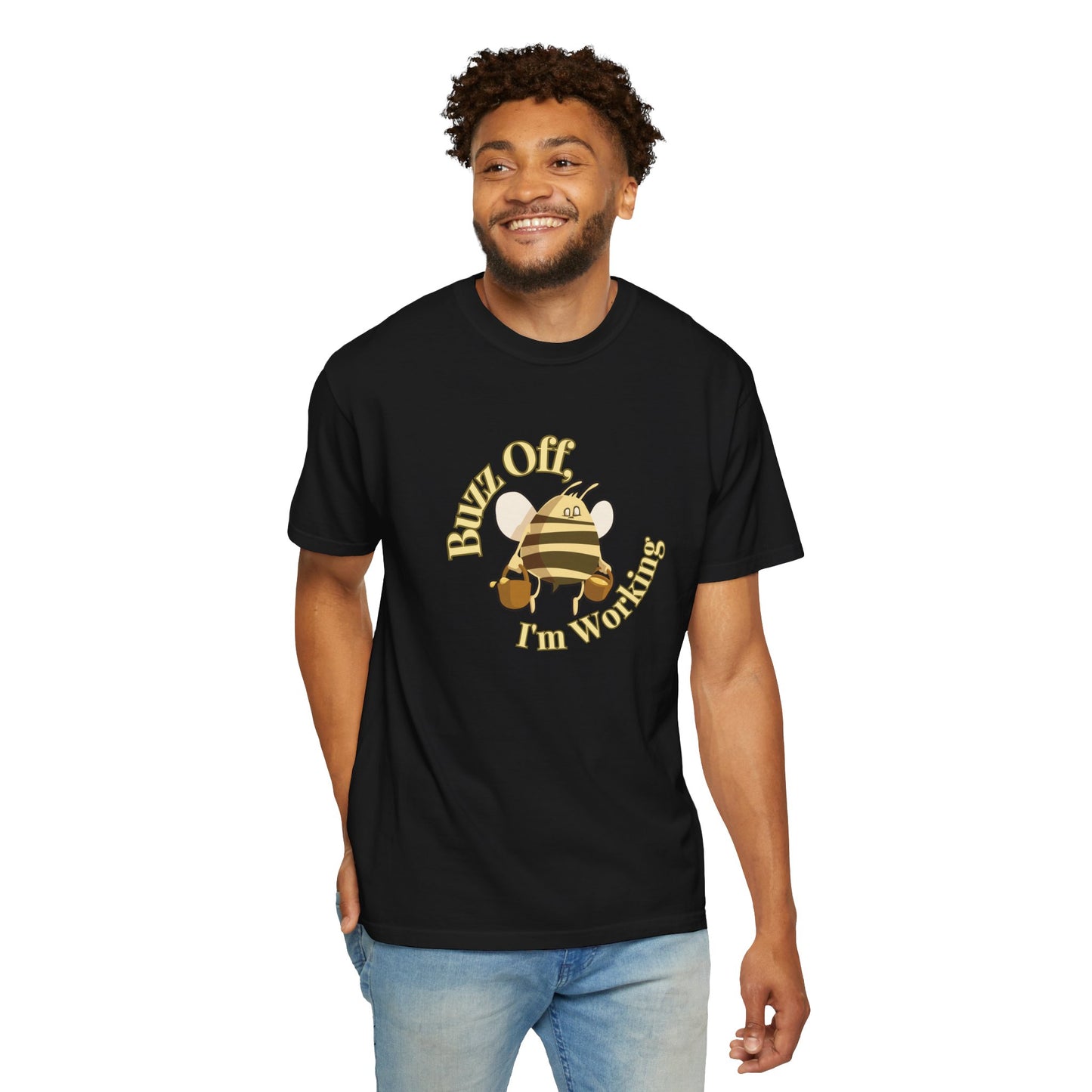 Funny bee t-shirt size range display from small to 3XL on neutral background