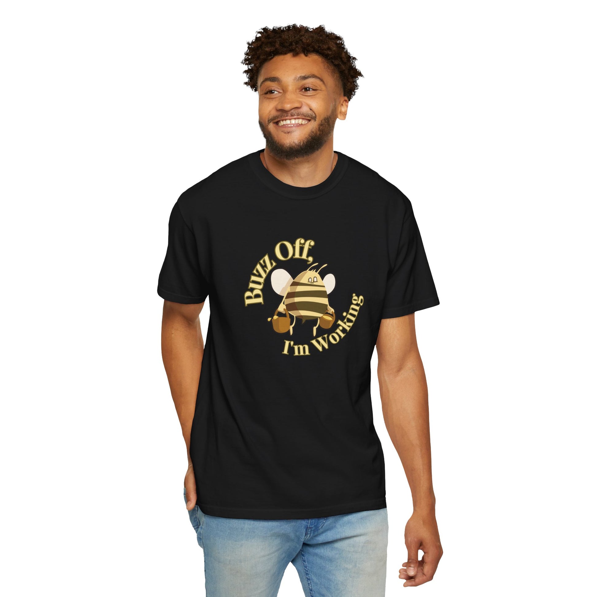 Funny bee t-shirt size range display from small to 3XL on neutral background