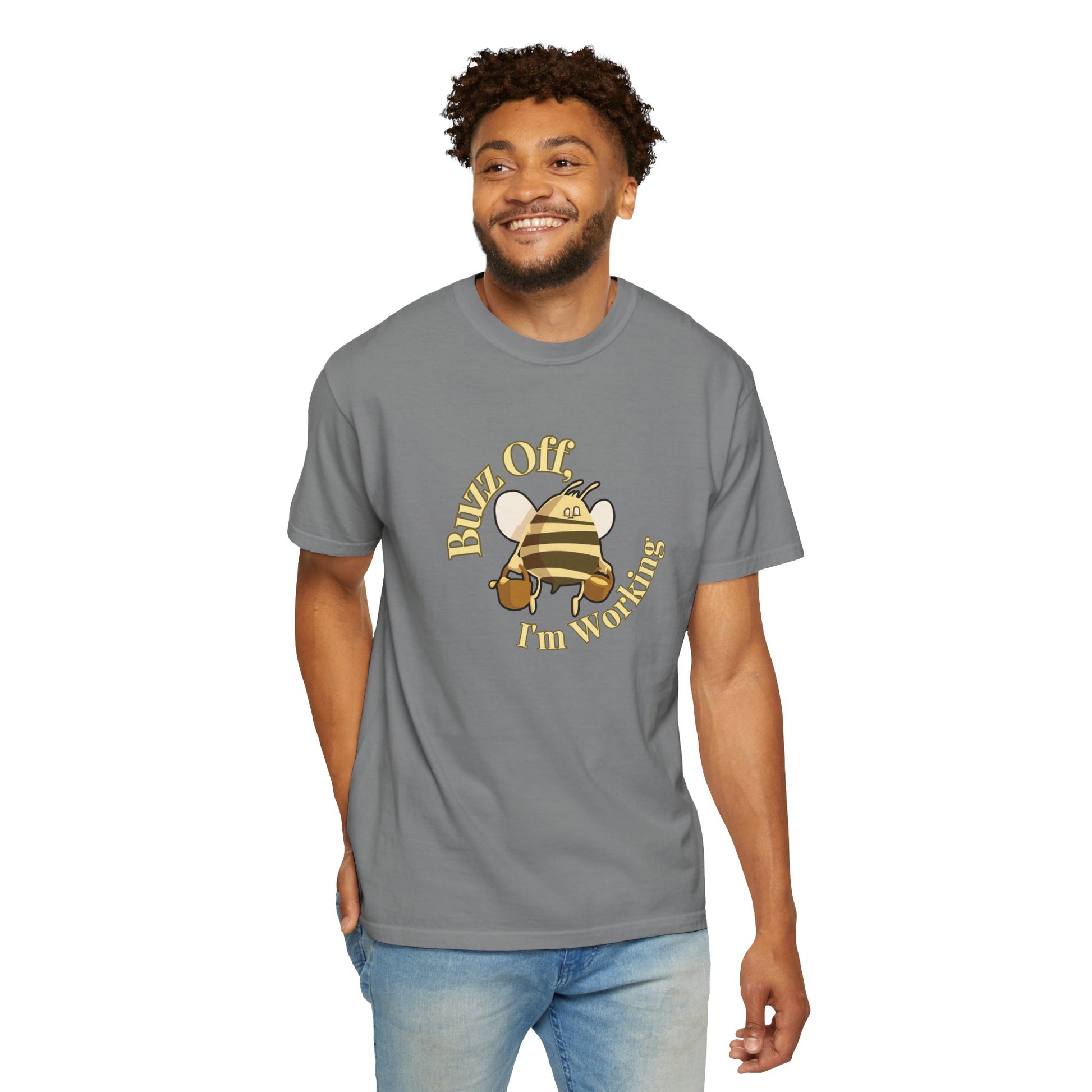 Funny bee tee worn at outdoor farmers market stall surrounded by honey jars