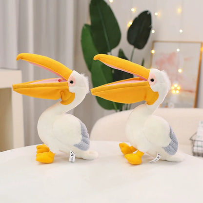 Funny bird plush toy derpy pelican with comical expression side view
