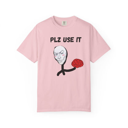 Funny brain graphic shirt with PLZ USE IT text in relaxed fit