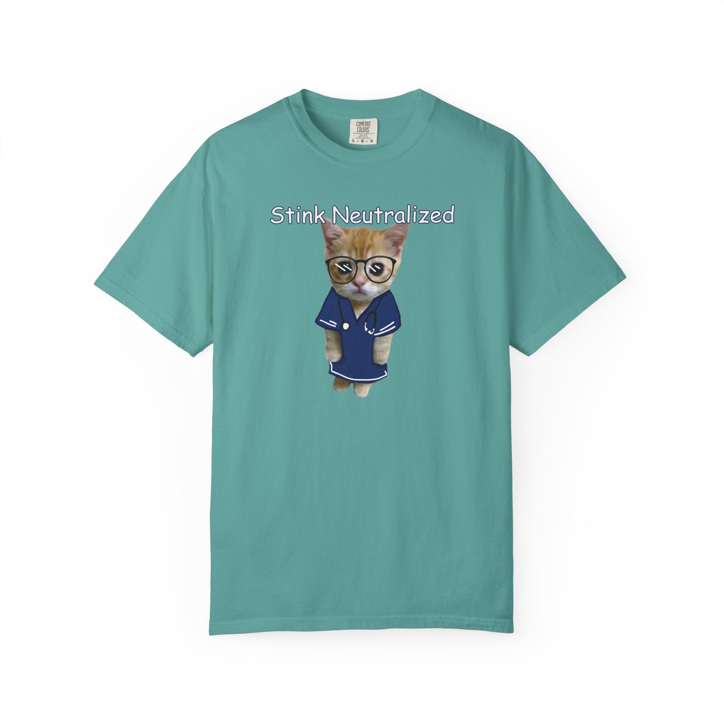 Funny cat graphic shirt featuring bespectacled kitten in robe